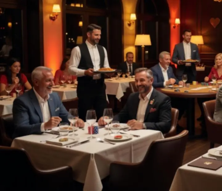 Esti hangulatú étterem vendégekkel és offline pókerasztalokkal Budapesten